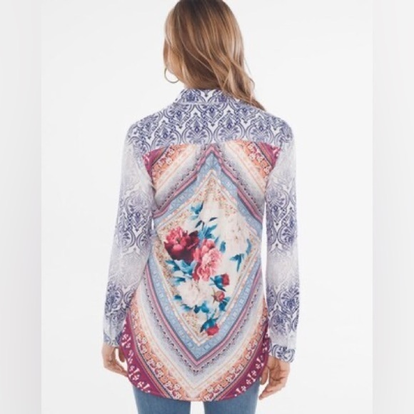 Chicos Faded Medallion Mixed-Print Shirt Sz 2/ 12-14 - Picture 3 of 14